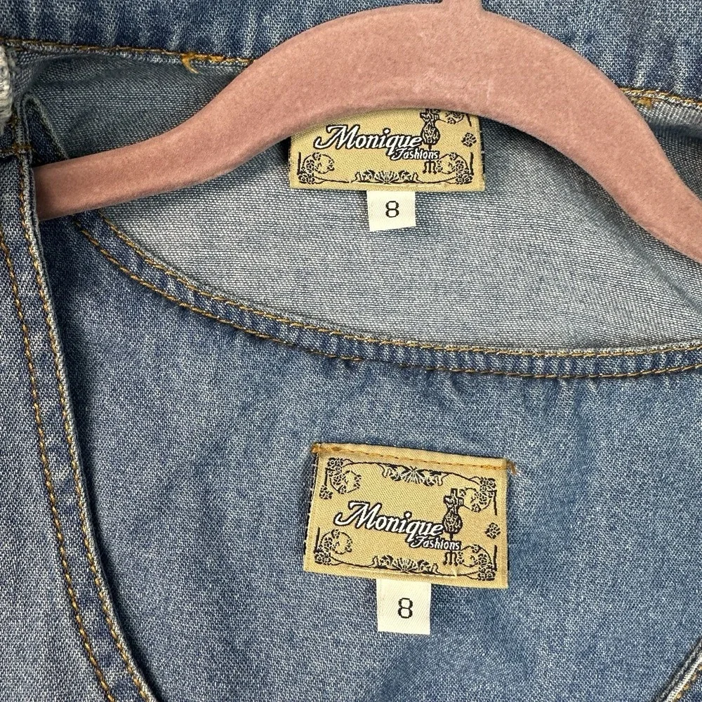 VTG Monique Fashions Denim Dress Jacket Set Size 8 Light Blue‎ Embroidered USA